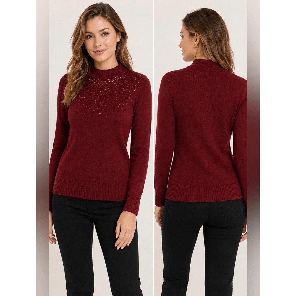Juicy Couture Womens Sequin Mock Neck Knit Sweater Burgundy Red XXL